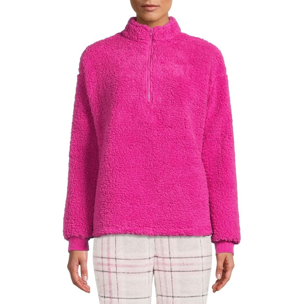 NWT Muk Luks Quarter Zip Faux Sherpa Lounge Pullover Sweatshirt Berry Pink M